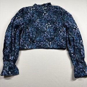 AllSaints Navy Floral Cottagecore Romantic Long Puff Sleeve Cropped Top Sz 10